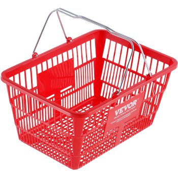 VEVOR Shopping Basket, Set of 12, 21L Durable Plastic Grocery Basket with Metal Handle and Stand, 425 x 305 x 218 mm Portable Shop Basket Bulk Used for Retail Store Supermarket Grocery Shopping, Red