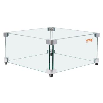 VEVOR Gas Fire Pit Wind Guard for Square Fire Table, 543 x 543 x 191 mm Clear Tempered Wind Guard for Firepits, 8mm Thick Square Glass Shield, Glass Panel with Hard Corner Bracket & Feet