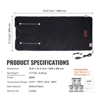 VEVOR Sauna Blanket for Detoxification, Portable Far Infrared Sauna for Home, Oxford Sauna Bag w/ Arm Holes & Carbon Fiber Heating, 1-6 Level Adjustable Temp, 5-60 Minutes Timer, 1800x800mm