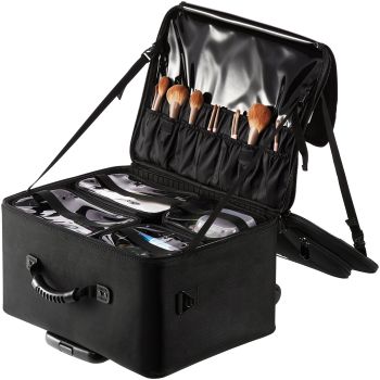VEVOR Rolling Makeup Train Case Large Storage 3 Tiers, Convenient Carry With Handle, Wheels, Strap, Professional Makeup Storage Organizer Box Make Up Carrier Waterproof Oxford, Black