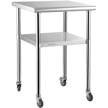 VEVOR Stainless Steel Prep Table, 61 x 61 x 91.4 cm, 600lbs Load Capacity Heavy Duty Metal Worktable with Adjustable Undershelf & Universal Wheels, Commercial Workstation for Kitchen Garage Backyard