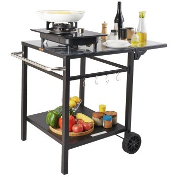 VEVOR Outdoor Grill Dining Cart with Double-Shelf, 55*55cm BBQ Movable Food Prep Table, Multifunctional Foldable Iron Table Top, Portable Modular Carts for Pizza Oven, Worktable with 2 Wheels, Carry Handle