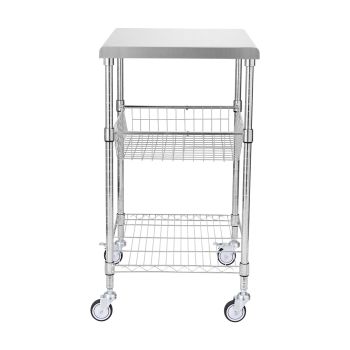 VEVOR Kitchen Utility Cart, 3 Tiers, Wire Rolling Cart with 213kg Capacity, Steel Service Cart on Wheels, Metal Storage Trolley with 76mm Basket Curved Handle PP Liner 6 Hooks, for Indoor and Outdoor