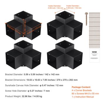 VEVOR Pergola Bracket Kit 152x152mm, 4pcs 3-Way Heavy Duty Corner Bracket Woodworks DIY Post Base Kit, Easy Installation Wooden Beams for Gazebos, Patio Pergolas, Log Cabin Outdoor Pergola Hardware