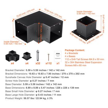 VEVOR Pergola Bracket Kit 152.4 x 152.4 mm, 8pcs 3-Way Heavy Duty Corner Bracket Woodworks DIY Post Base, Easy Installation Wooden Beams for Gazebos, Patio Pergolas, Log Cabin Outdoor Pergola Hardware