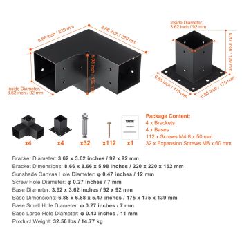 VEVOR Pergola Bracket Kit 4''x4''(inner 3.6''x3.6''), 8pcs (4pcs 3-Way,4pcs Base) Heavy Duty Corner Bracket Woodworks DIY Post Base Kit, Easy Installation Wooden Beams for Gazebos, Patio Pergolas, Log Cabin Outdoor