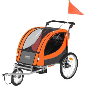 VEVOR Bike Trailer for Toddlers, Kids, Double Seat, 45 kg Load, 2-In-1 Canopy Carrier Converts to Stroller, Tow Behind Foldable Child Bicycle Trailer with Universal Bicycle Coupler, Orange and Gray