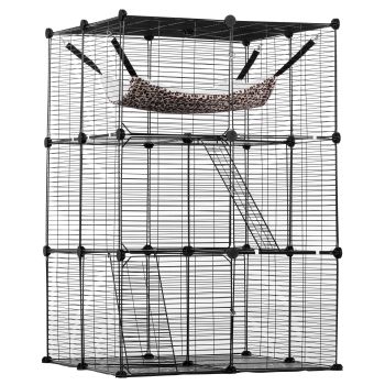 VEVOR Large 3-tier Cat Cage, 28 x 28 x 41", DIY Detachable Metal Wire Durable Cat Enclosure, with Large Hammock 2 Ramp Ladders, Fit for Cats Exercise Indoor ＆ Outdoor, Ease of Assembly, Black