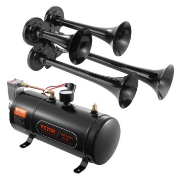 VEVOR Train Horns Kit, 4 Trumpet Air Horn Kit, 150dB Train Horns for Pickup Trucks, 12V 120 psi Air Compressor 0.8 Gal/3 L Tank with Gauge for Any 12V Vehicle Car Truck Train Van Boat