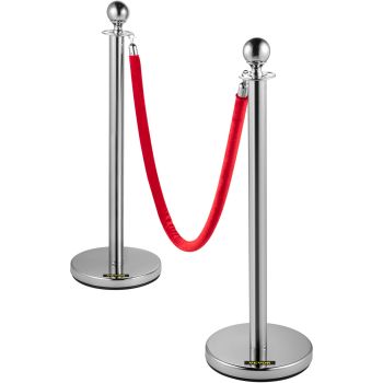 VEVOR 6PCS Red Rope Stanchion Silver Post Crowd Control Queue Line Barrier