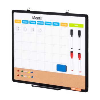 VEVOR 24"x 18" Monthly Calendar Whiteboard & Cork Board Combo with Aluminum Frame – 2-in-1 Magnetic Dry Erase Bulletin Board for Wall Mount – Ideal for School, Home, Office