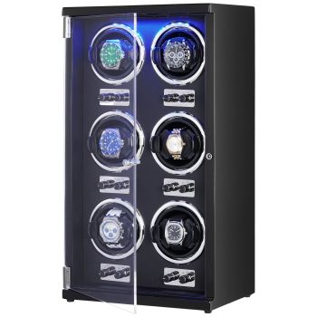 VEVOR Watch Winder, Watch Winder for 6 Men's and Women's Automatic Watches, with 6 Super Quiet Japanese Mabuchi Motors, Blue LED Light and Adapter, High-Density Board Shell and Black PU