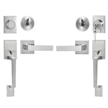 VEVOR Double Door Handle Set, Satin Nickel Square Door Lever, Heavy Duty Double Front Door Handle Set with Dummy, Double Door Lock Set with Reversible Handle Lever, for Front Door or Office Door