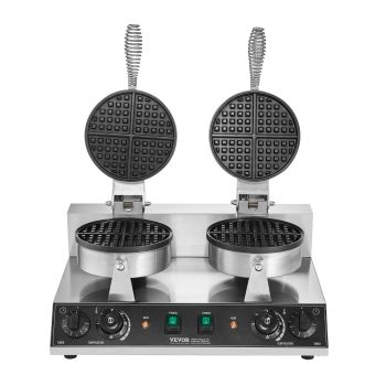 VEVOR Commercial Waffle Maker, Dual-Head Round Waffle Baker Machine, 2460W Non-Stick Stainless Steel Belgian Waffle Iron with Temp and Time Control, Handle, for Restaurant Bakery Snack Bar Family