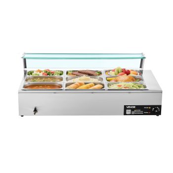 VEVOR Commercial Food Warmer, 1500W Electric Stainless Steel Steam Food Warmer with Glass Cover, 9-Pan Countertop Buffet Bain Marie with Soup & Perforated Ladles, for Catering, Restaurant & Party