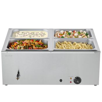 VEVOR Commercial Food Warmer, 1500W Electric Stainless Steel Steam Food Warmer with Lid, 4-Pan Fast Heating Countertop Buffet Bain Marie with Soup & Perforated Ladles, for Catering, Restaurant, Party