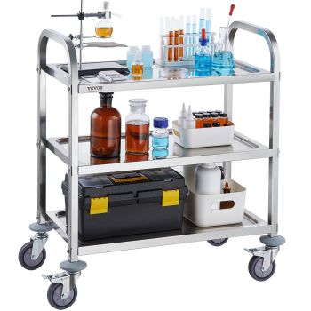 VEVOR Stainless Steel Cart, 3 Layers Lab Utility Cart 181 kg Weight Capacity, Medical Cart with Lockable Universal Wheels, for Lab, Clinic, Kitchen, Salon