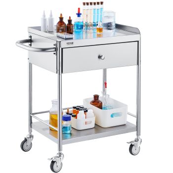 VEVOR Medical Cart, 2 Layer stainless Steel Cart100 kg Weight Capacity Utility Cart Silent Wheels and a Drawer for Lab, Clinic, kitchen, Salon