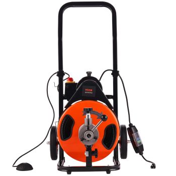 VEVOR 50FT x 3/8 Inch Drain Cleaner Machine Sewer Auger Auto Feed with 4 Cutter & Air-Activated Foot Switch for 2" to 4" Pipes
