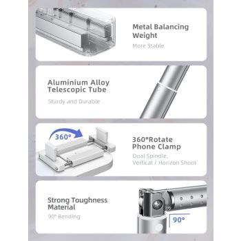 Selfie Stand with 360° Rotates Phone Holder, Foldable/Rechargeable/Wireless/Overhead Recording with 1000mah Battery for Live Stream/Make up/YouTube/Tiktok/Vlog, 7 Brightness LED Light(White)