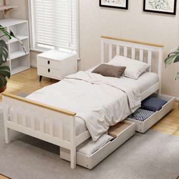 Artiss Bed Frame Single Size Wooden Platform with 2 Storage Drawers White PONY