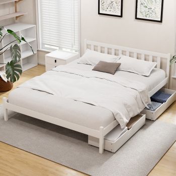Artiss Bed Frame Double Size Wooden Platform with 2 Storage Drawers White SOFIE