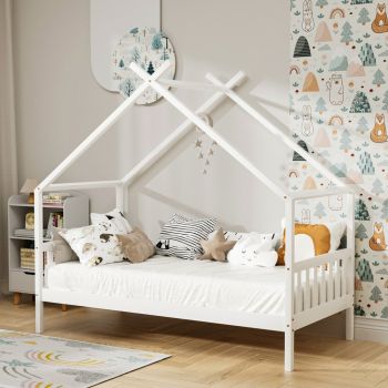 Artiss Bed Frame Wooden Base Kids Single Timber House Beds White