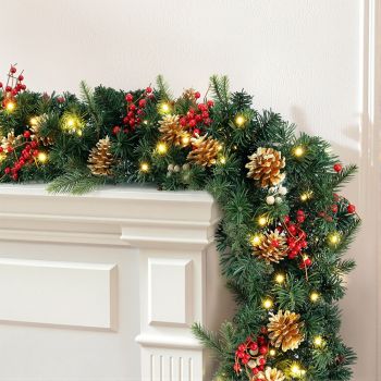 Jingle Jollys 1.8M Christmas Garland Pre-lit LED Pine Cones Berries Xmas Decor