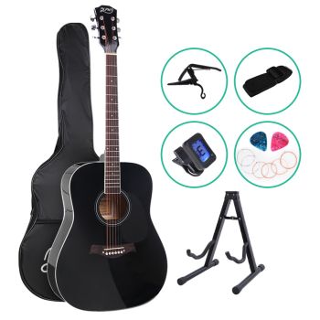 Alpha 41 Inch Acoustic Guitar Wooden Body Steel String Dreadnought Stand Black