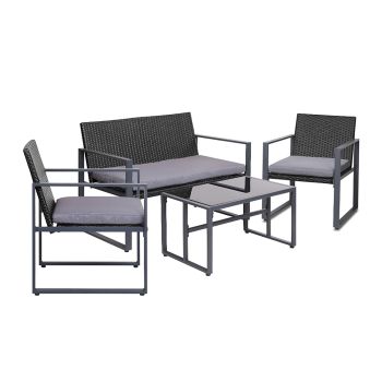 Gardeon 4 PCS Outdoor Sofa Set Rattan Furniture Glass Top Table Chairs Black