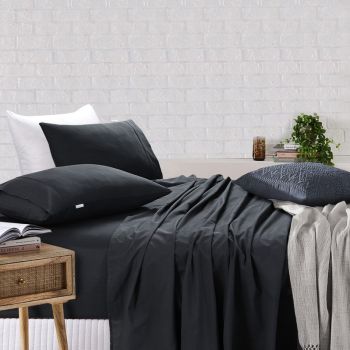 Elan Linen 100% Egyptian Cotton Vintage Washed 500TC Charcoal 50 cm Deep Mega Queen SIze Bed Sheets Set