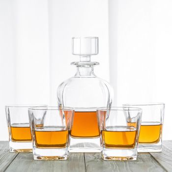 Novare Oval Whiskey Decanter Bottle With 4 Whiskey Glasses Set