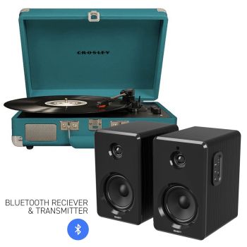 CROSLEY Crosley Cruiser Bluetooth Portable Turntable - Teal + Bundled Majority D40 Bluetooth Speakers - Black