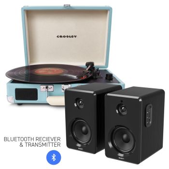 CROSLEY Crosley Cruiser Bluetooth Portable Turntable - Turquoise + Bundled Majority D40 Bluetooth Speakers - Black