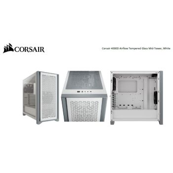 CORSAIR Carbide Series 4000D Airflow ATX Tempered Glass White, 2x 120mm Fans pre-installed. USB 3.0 x 2, Audio I/O. Case NDA Sep 16