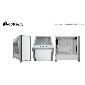 CORSAIR Carbide Series 4000D Solid Steel Front ATX Tempered Glass White, 2x 120mm Fans pre-installed. USB 3.0 x 2, Audio I/O. Case