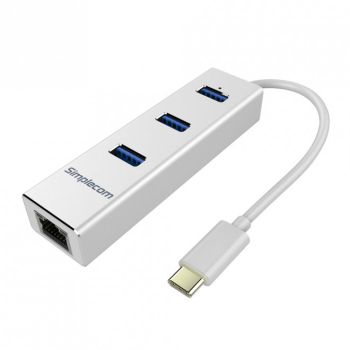 SIMPLECOM CHN411 Silver Aluminium USB Type C to 3 Port USB 3.0 Hub with Gigabit Ethernet Adapter - CBAT-USBCLAN