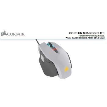 Corsair M65 RGB ELITE Tunable FPS Gaming Mouse White with Black, 18000 DPI, Optical, iCUE Software