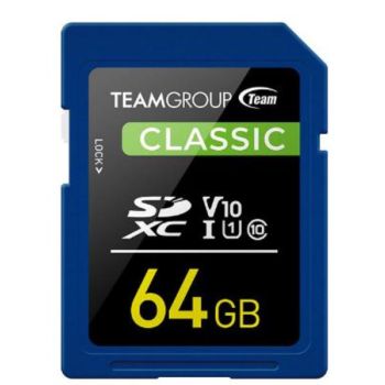 Team Classic SD Memory Card -64 GB.  UHS Ultra Speed Class 1U1. Supports Video Speed Class 10V10.