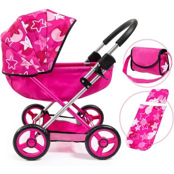 Baby Doll Stroller Pram for Toddlers, Foldable with Bag and Blanket, Modern Pink with Stars