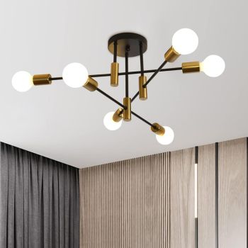 Mid Century Chandelier Modern, 6-Light , Black & Gold