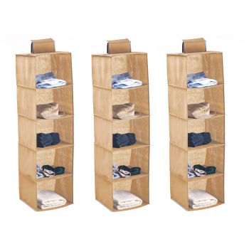 3 Pack 5-Tier Shelf Hanging Closet Organizer and Storage for Clothes (Beige)