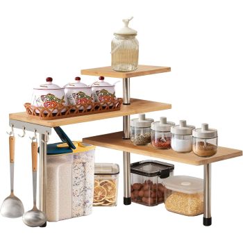 CARLA HOME 3 Tier Corner Shelf Kitchen Spice Rack Organiser with Hooks for Home Storage & Organisation