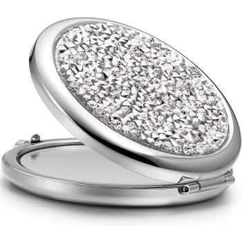 Mini Mix Diamond 1X/2X Magnifying Round Metal Pocket Makeup Mirror (Silver)