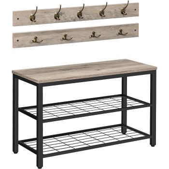 Industrial Design Entryway Shoe Rack with Coat Hooks Organizer (Grey)