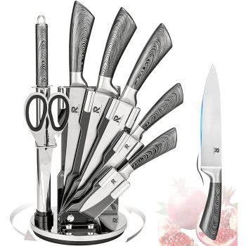 Kitchen Knife Block Set 8 Stainless Steel Knives with Wooden Color Handle (Silver color)