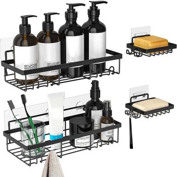 2 Pack Adhesive Stainless Steel Shower Caddy Shelf Organizer with 2 Soap Dishes for Bathroom