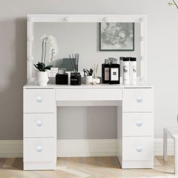 Framed 7 Drawer Hollywood Dresser Vanity with Mirror & Lights, and Stool