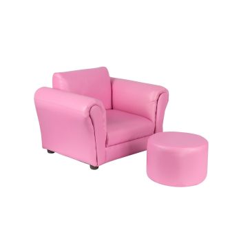 Kids Pink Couch Sofa Chair w/ Footstool in PU Leather