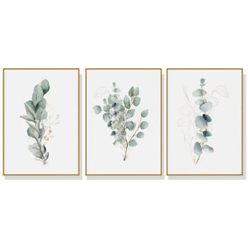 Wall Art 60cmx90cm Eucalyptus Plant 3 Sets Gold Frame Canvas